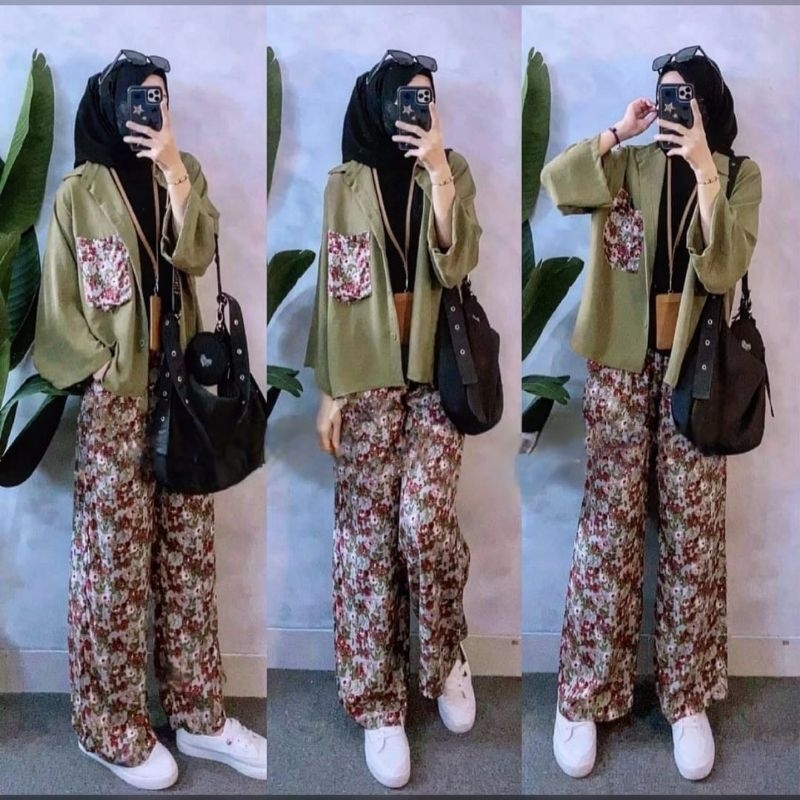 Strippy Tunik Set warna biru Dongker hitam navy black motif polos kombinasi garis salur setelan wani