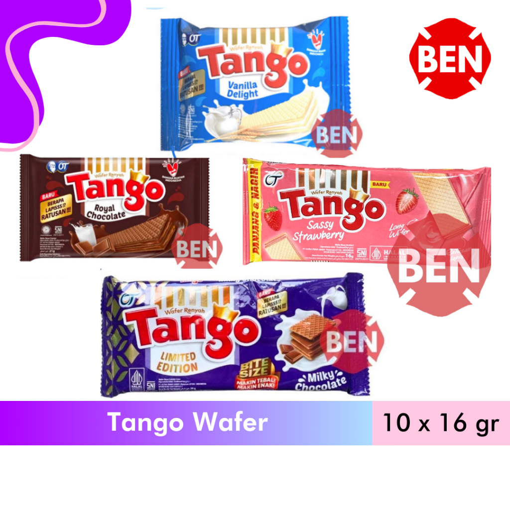 

Wafer Tango VANILLA DELIGHT / ROYAL CHOCOLATE / SASSY STRAWBERRY / MILKY CHOCOLATE 1 Renceng 10 Sachet 16g 16gr 16 g gr Vanila Susu Coklat Cokelat 1000