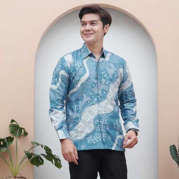 KODE E19C Batik Semarmesem  Kemeja Baju Batik Pria Lengan Panjang Size M L XL XXL Biru Langit Motif 