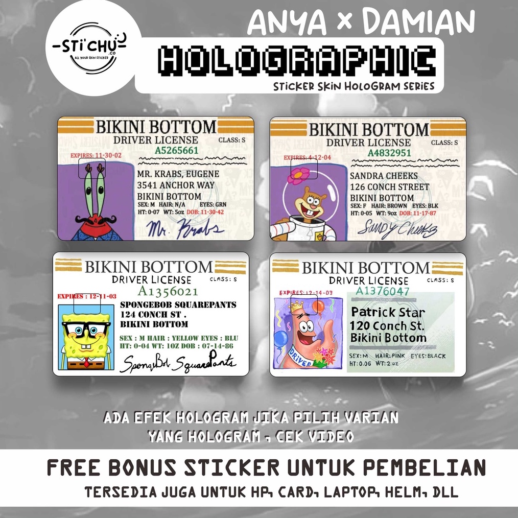 

KHUSUS Stiker Atm Skin Card HOLOGRAM Spongebob flazz emoney debit kredit dll