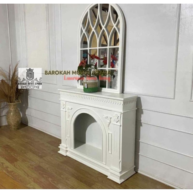 meja consule jati ruang tamu , bufet konsol jati duco putih klasik modern terbaru