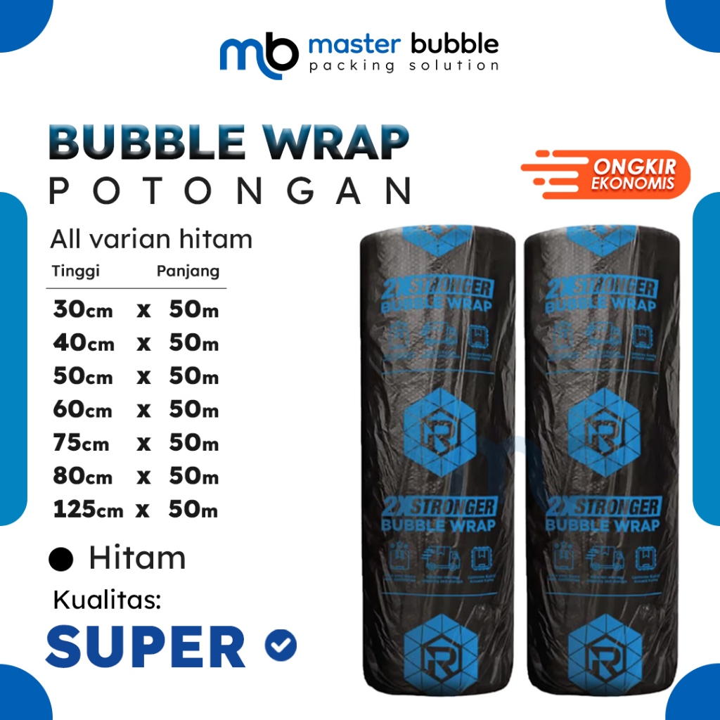 

Plastik Bubble Wrap RUSFET Potongan 30cm 40cm 50cm 60cm 75cm 80cm 125cm x 50meter Hitam Super Tebal