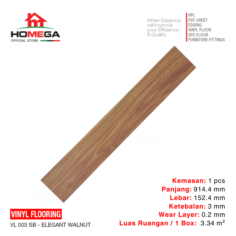 HOMEGA VINYL Flooring - Lantai Kayu Parket Parkit Parquet Stiker - Tekstur Wood Elegan Walnut - 1 Pc