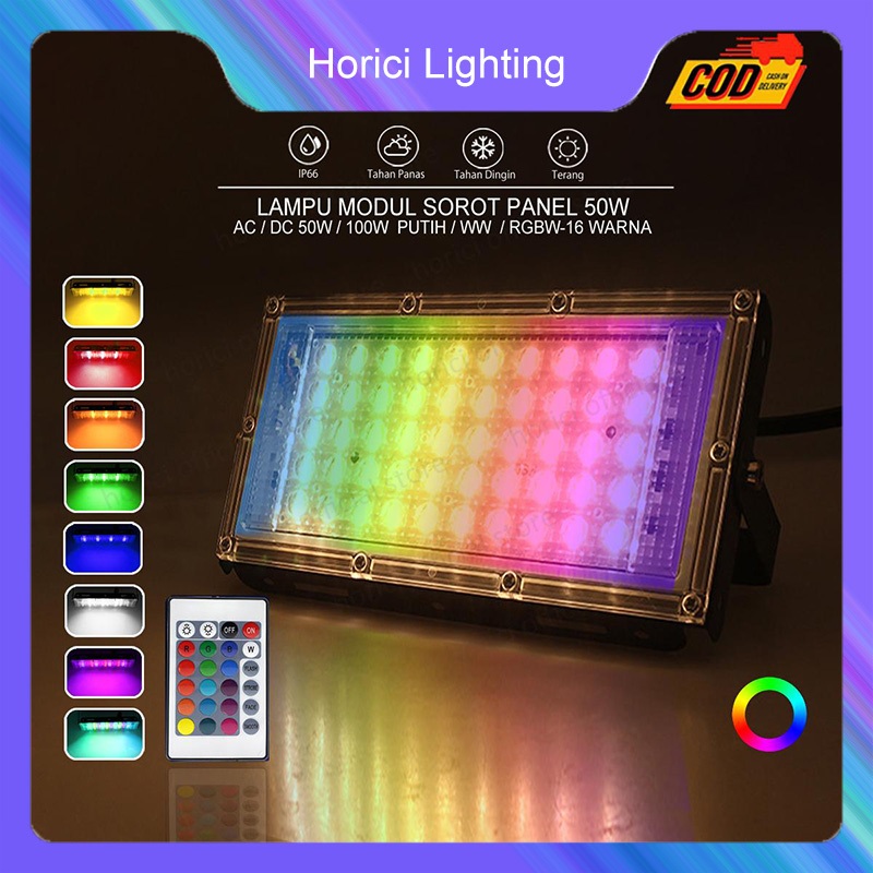 Horici Lampu Sorot LED 50W AC RGB dan Putih / Lampu Sorot LED 50W Remote Warna Warni 220V
