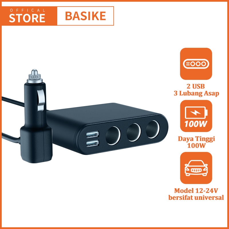 (HOT)BASIKE Car Charger Lighter Socket Adaptor Fast Charging100W 2 USB 3 Cabang Mobil Charger