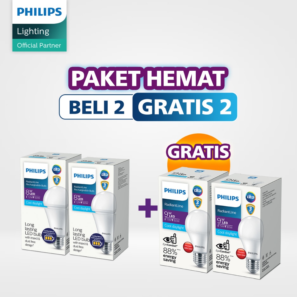 Philips Paket Beli 2 Lampu Emergency Radiantline Rechargeable 8W 6500k Putih Gratis 2 Lampu LED Bulb