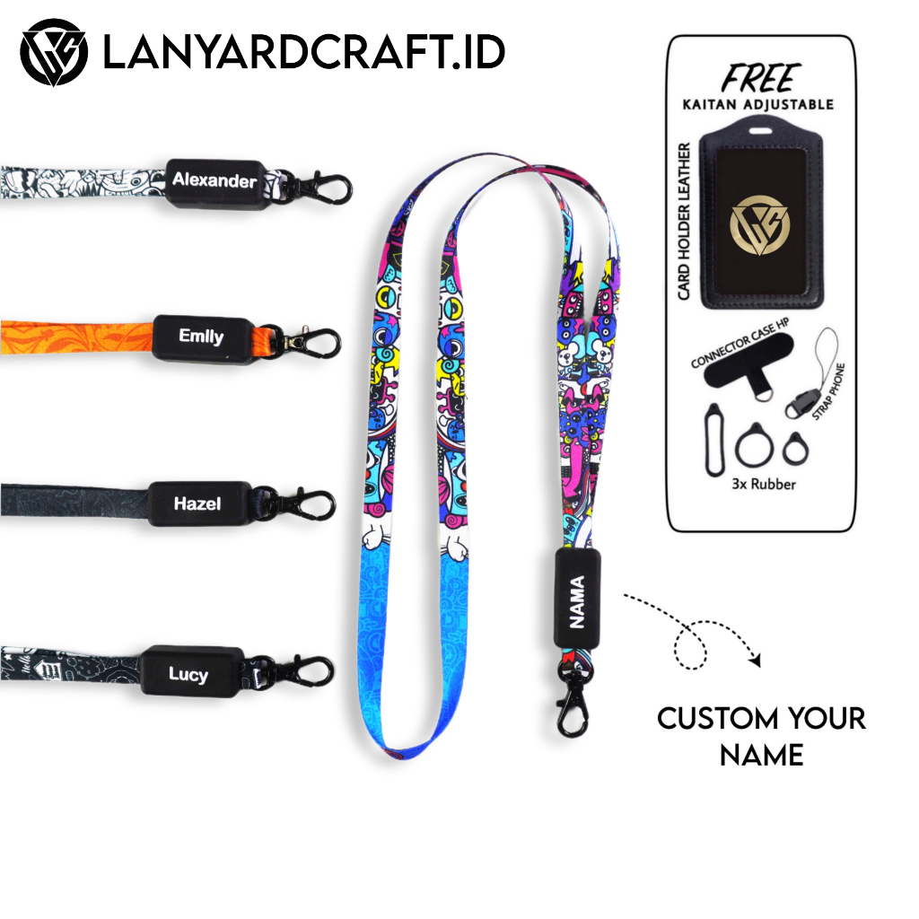

KS Lanyard Craft Custom Nama Doodle Series 1cm Request Nama Satuan Gantungan Card Holder Tali Lanyard Full Printing 2 sisi