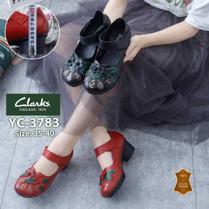 Sepatu Clarks YC-3783 Strap Flower Block Heels 5cm/sepatu kerja kantor wanita kulit asli hak chunky