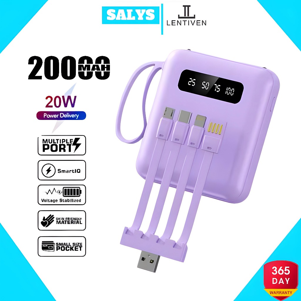 SALYS LENTIVEN Powerbank 20000 mah Mini Size with 4 Kabel Fast Charging LED Senter Display Y49