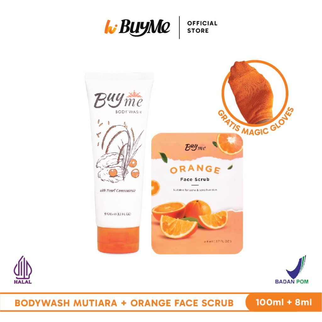 BuyMe Paket Skincare Viral Body Wash Sabun Mandi 100ml Orange Face Scrub Muka Badan 8ml