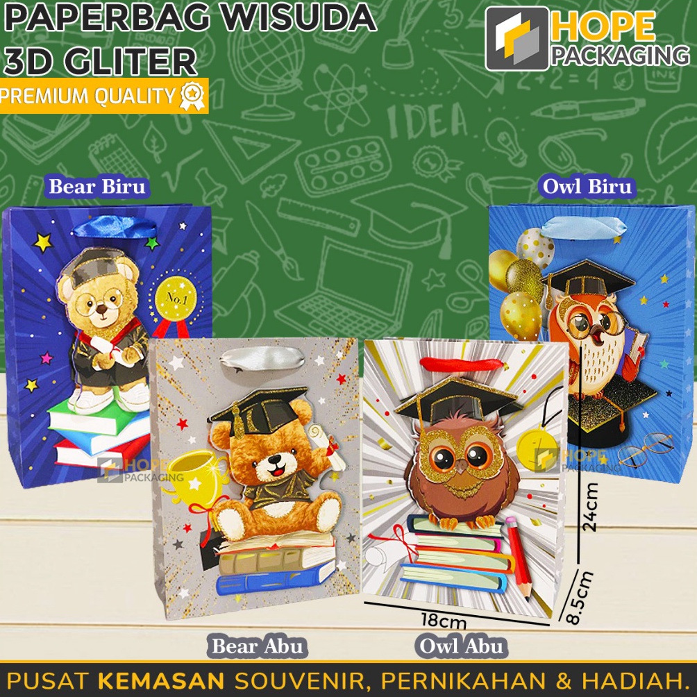 

KUALITAS TERJAMIN Paper Bag Kantong Kertas 3D Wisuda Paper Bag Glitter Topi Toga Tas Kado Goodie Bag Bingkisan Hampers Paper Bag Tas Hadiah Graduation Tote Bag Motif Boneka