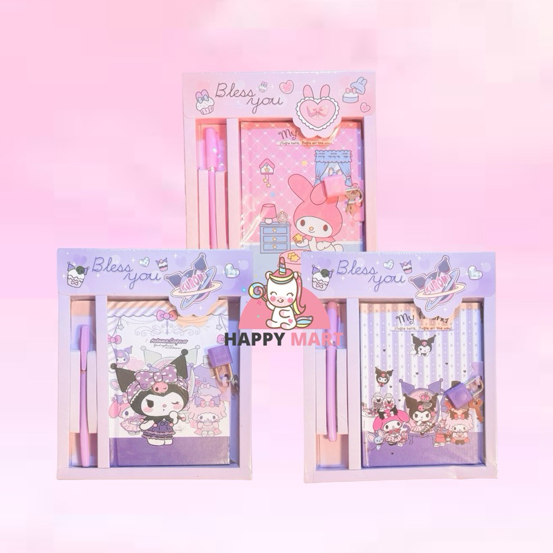 

Buku Diary kunci set box dengan pulpen motif sanrio kuromi / melody