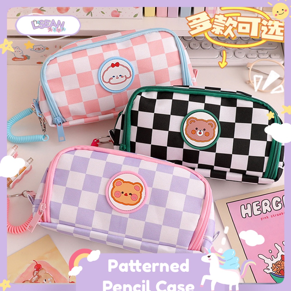 

KODE A13L PENCIL CASE KOREA CHECKERED CUTE BEAR MULTIFUNGSI MAKEUP POUCH DUAL ZIPPER DEPAN BELAKANG