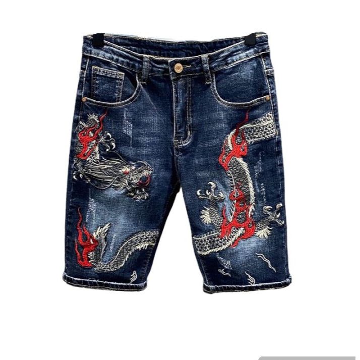 Celana Pendek Jeans Pria Bahan Melar Terbaru  celana jeans pendek motif bordir naga softjeans distro