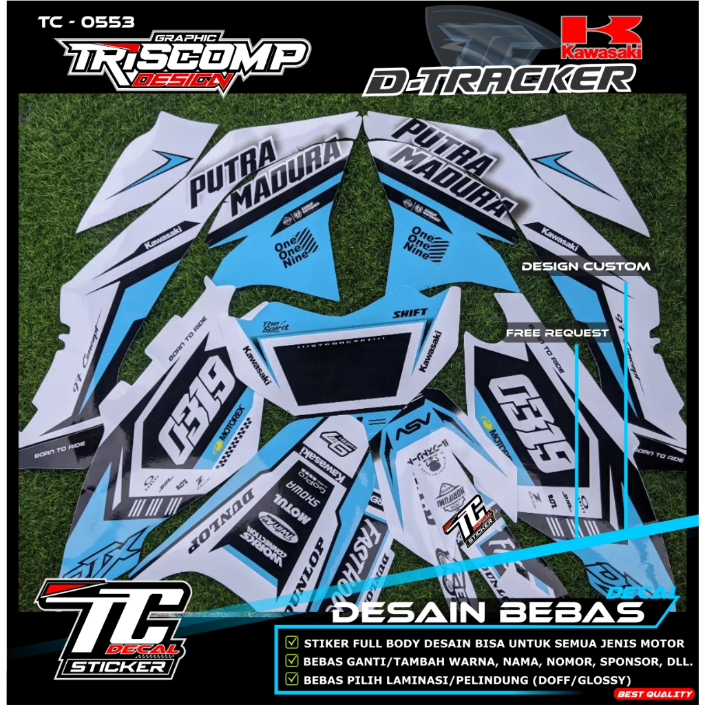 Decal custom KLX Dtracker 150 New bisa request fullbody motif putih tosca - List variasi decal motor