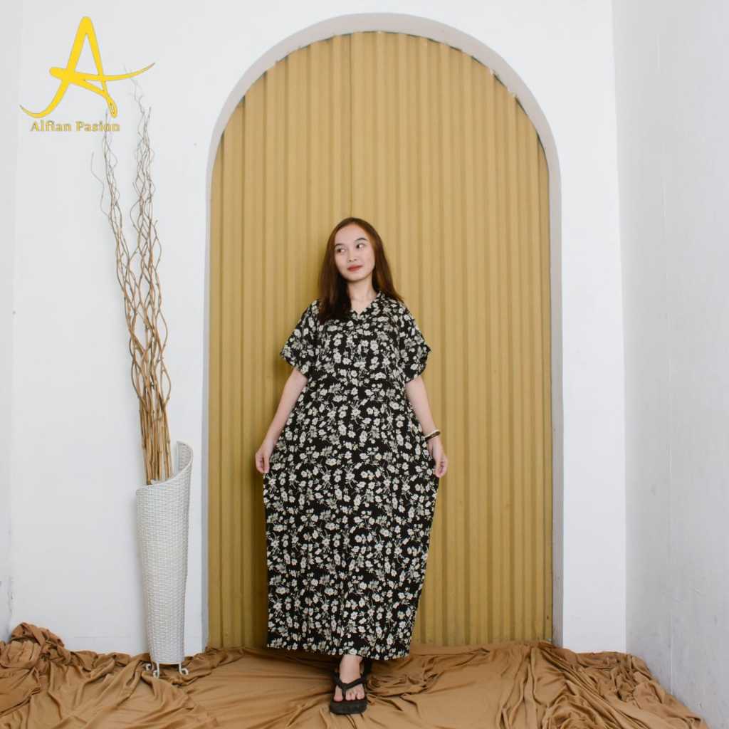 Daster Kerah kekinian Terbaru Motif Bunga Sakura Besar Busui Friendly Jumbo Kain Rayon Premium Bahan