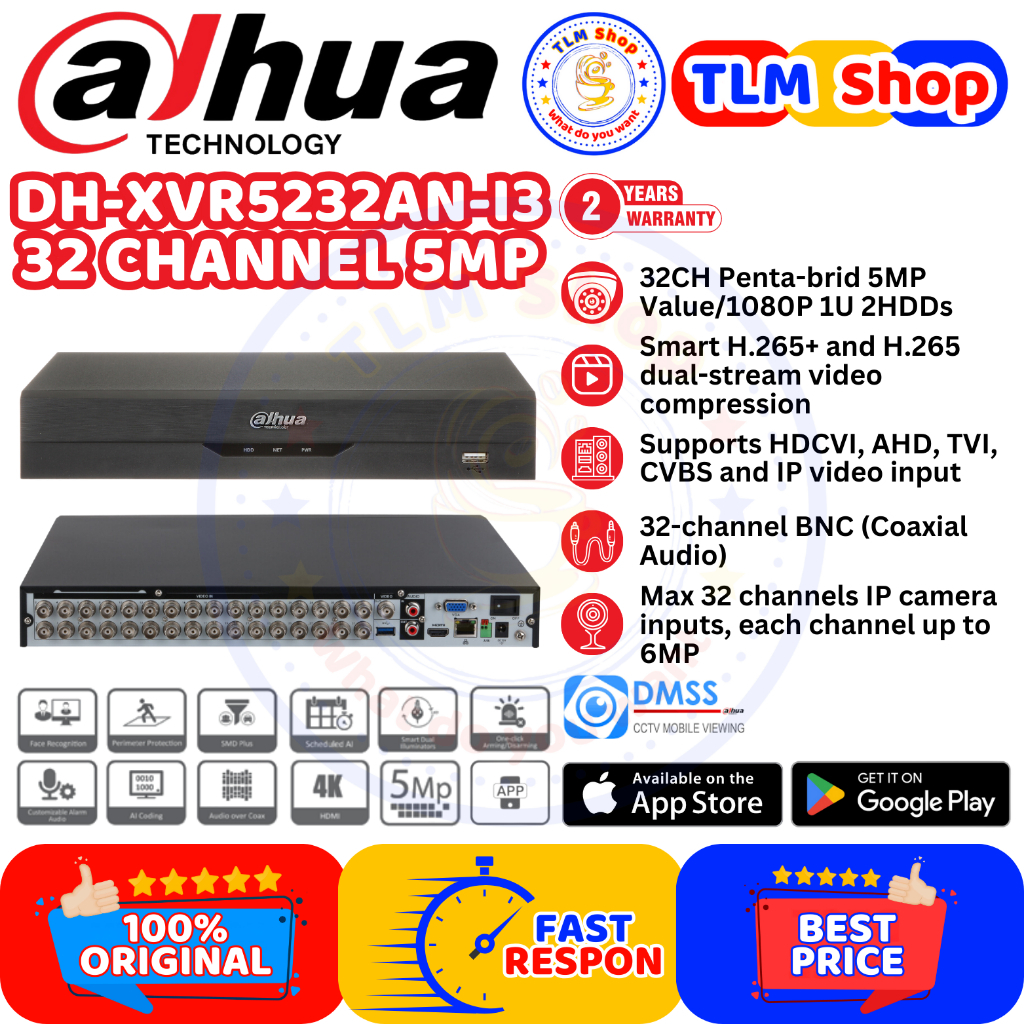 DVR DAHUA 32 Channel DH-XVR5232AN-I3 5MP Value/1080P 1U 2HDDs WizSense Series