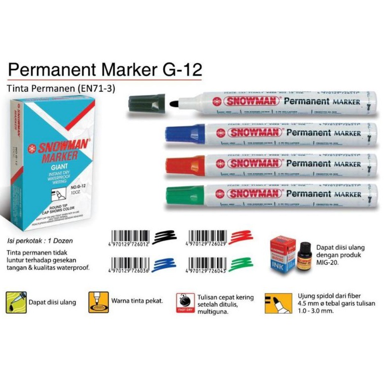 

Marker Spidol Snowman Permanent G12 1pak12pcs KODE X2G9