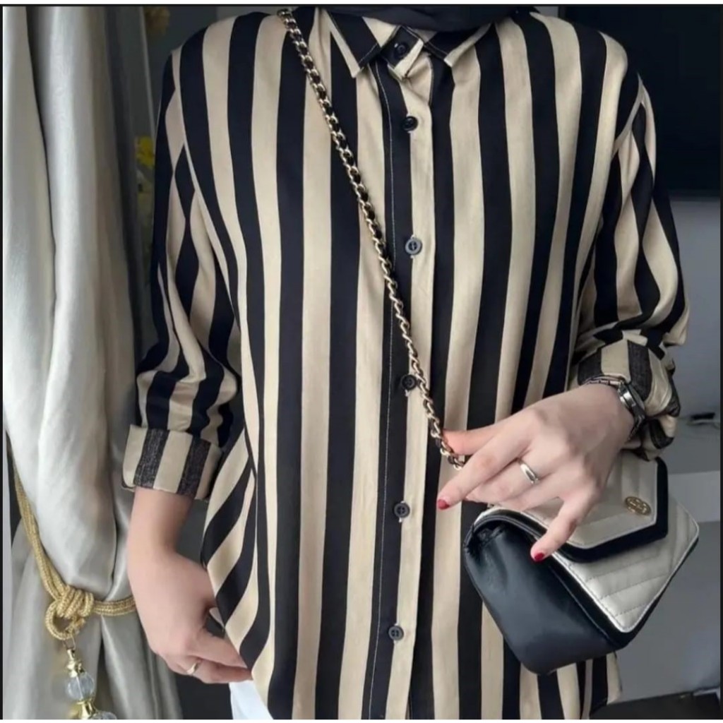 Baju Wanita Lengan Panjang / Atasan Kemeja Motif Garis Jumbo