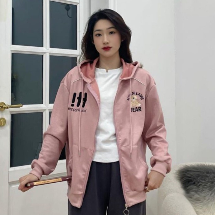 Jaket Hoodie Zipper Wanita Premium Suede Bludru Allsize - Hi Bear