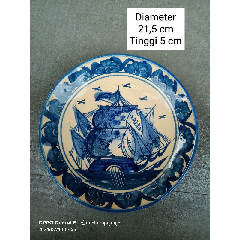 Diameter 21,5 cm piring keramik lukis motif kapal VOC biru putih untuk dekorasi hiasan dinding