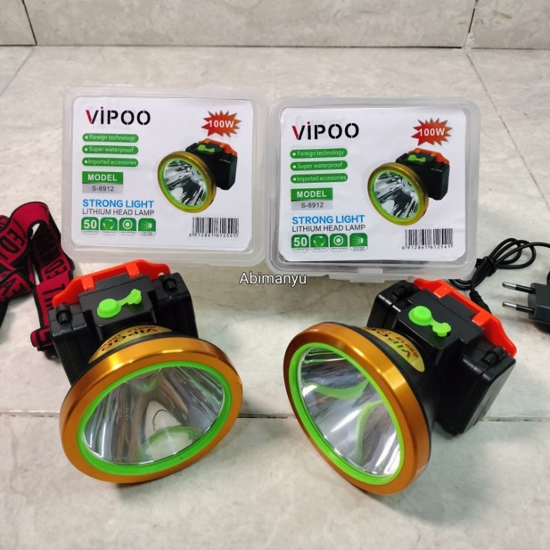 senter kepala 100 watt vippo S-8912 super waterproof baterai LHITIUM-ION tahan 50 jam 3 mode + lampu