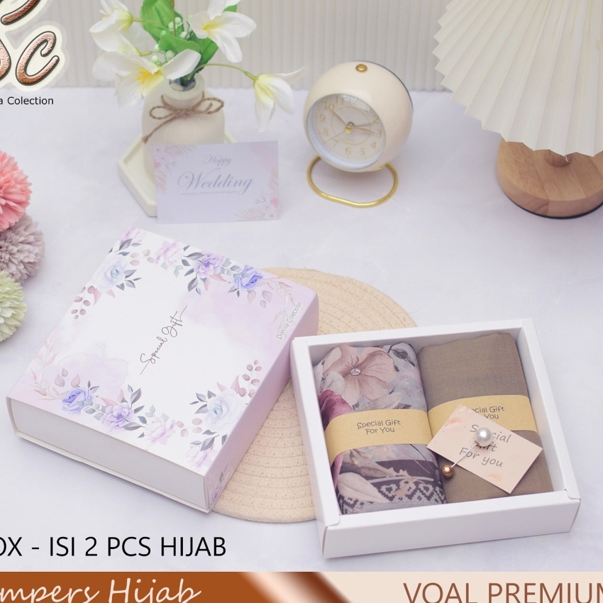 

Hemat Hampers Hijab Voal Premium Motif Gift box kado guruulang TahunWeddingAnniversaryWisudaIdul fitri