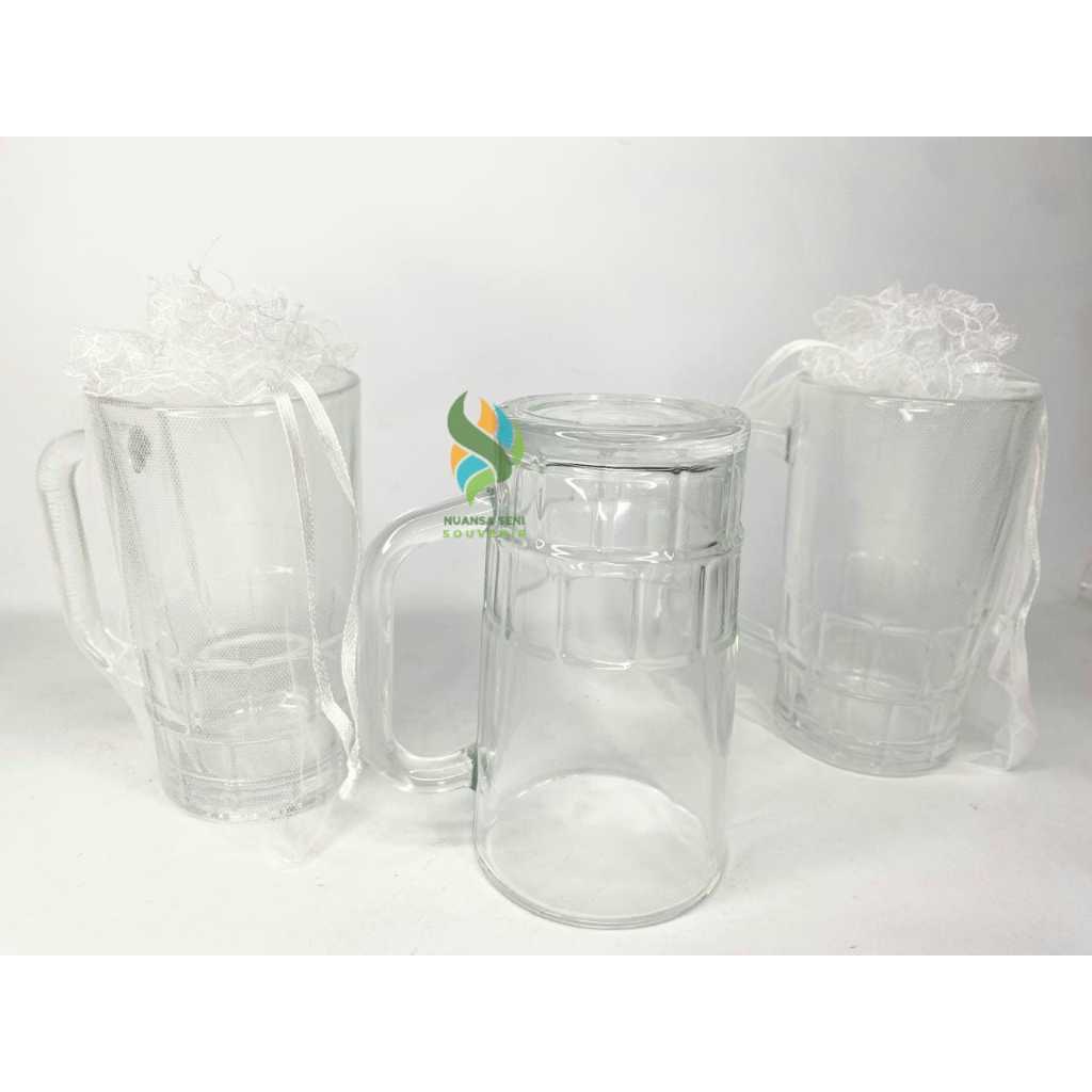 Souvenir Gelas Jus Mug Minuman Dingin Cangkir Gagang Kaca Motif Bening Polos