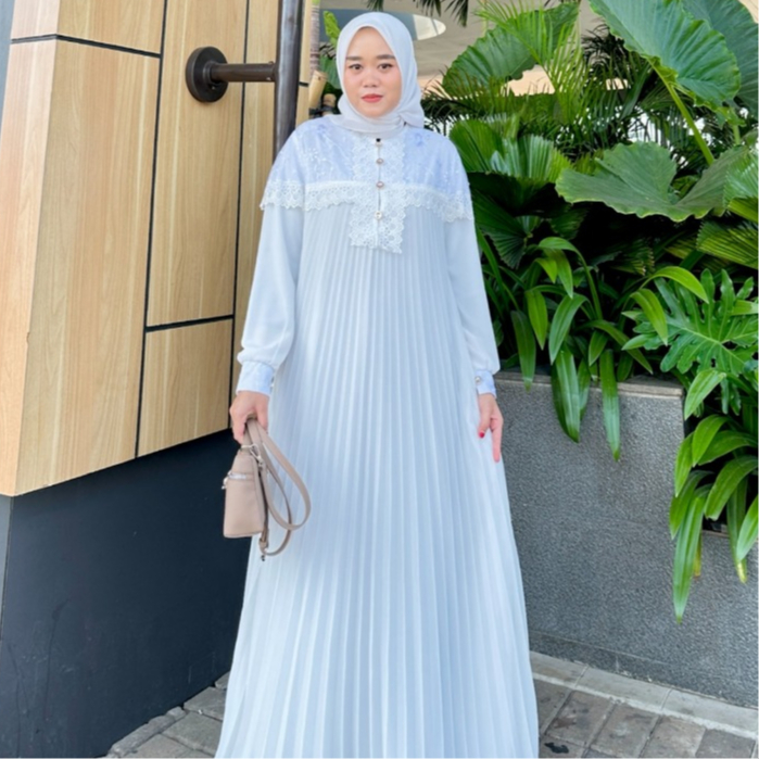 DRESS WANITA TERBARU GAMIS CERUTI PUTIH PLISKET PREMIUM