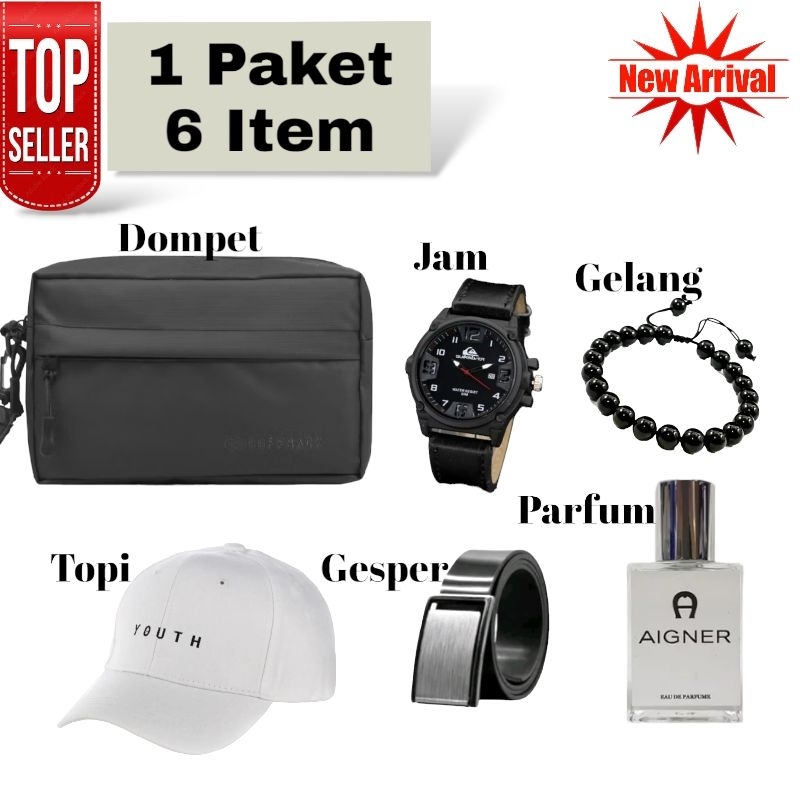 [New Arrival] Paket Bundling Pria Keren  murah hemat kekinian Tas Salempang Topi Jam tangan Ikat pin