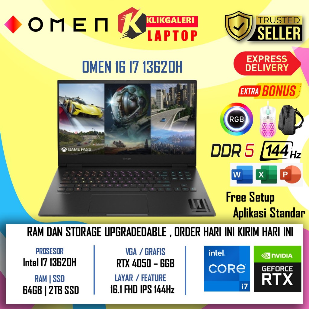 Promo Laptop Gaming Murah HP OMEN Intel Core i7 13620H RTX4060-8GB RAM 64DDR5 2TB SSD 144HZ RGB WIN1