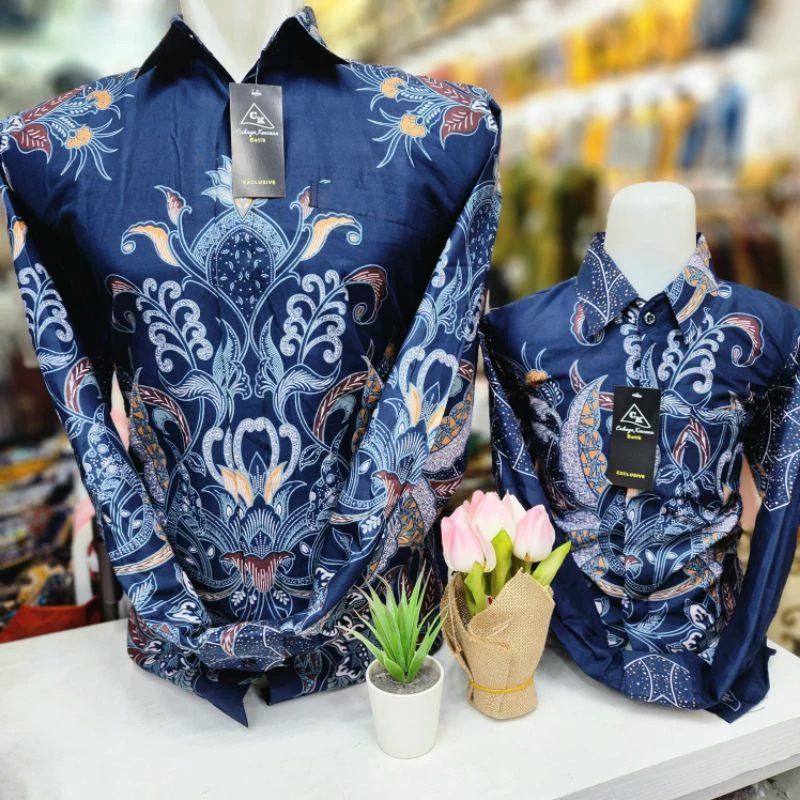 Batik couple ayah dan anak warna biru navy katun premium || hem batik couple lengan panjang || Baju 