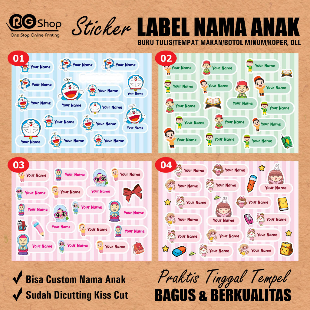 

[ PAKET 4 PCS A5 ] STIKER LABEL NAMA ANAK CUSTOM | BUKU TULIS | TEMPAT MINUM | TEMPAT MAKAN VINYL ANTI AIR