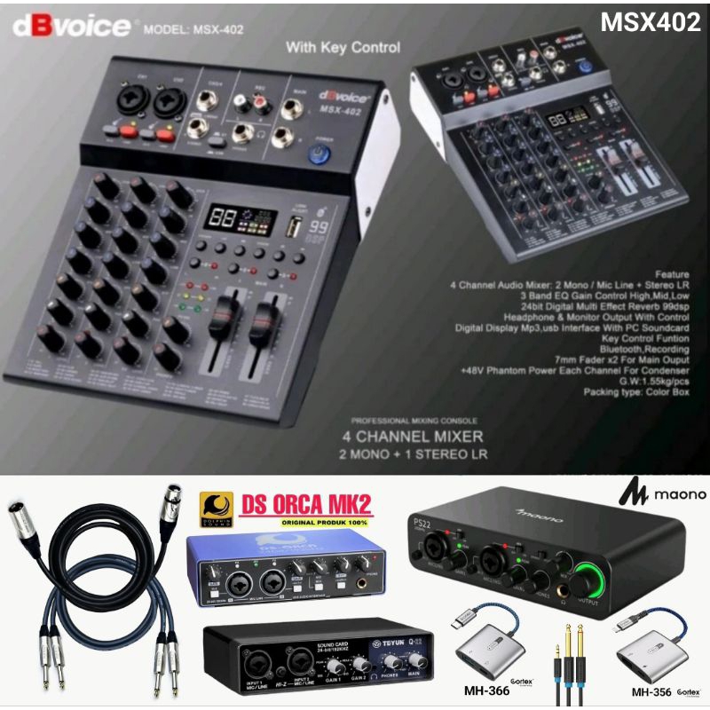 Paket Mixer dBvoice MSX402 Audio Interface DS ORCA MK2 / Teyun Q22 / Maono PS22 Kabel Aux OTG Lengka