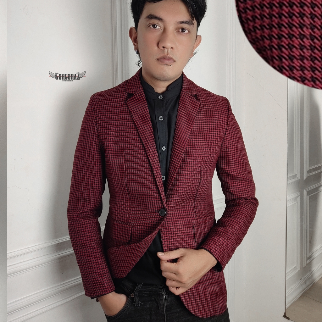 blazer pria jas pria kotak kotak tartan merah maroon slimfit gorgoraz modern