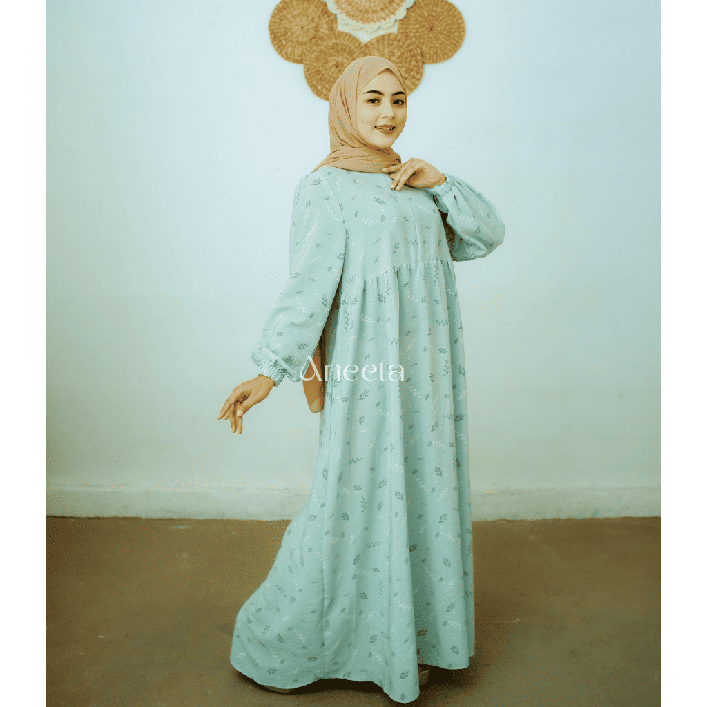 Gamis Aneeta Madina Series Warna Biru Bahan Gamis Crinkle Premium Motif Bunga