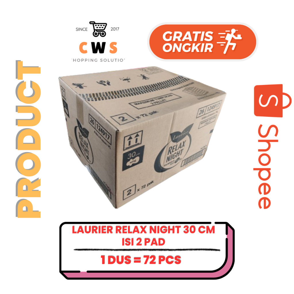 LAURIER RELAX NIGHT 30 CM 2 PAD Pembalut Wanita Perlindungan Tidur 10 Jam Sachet - 1 Dus / 72 Pcs