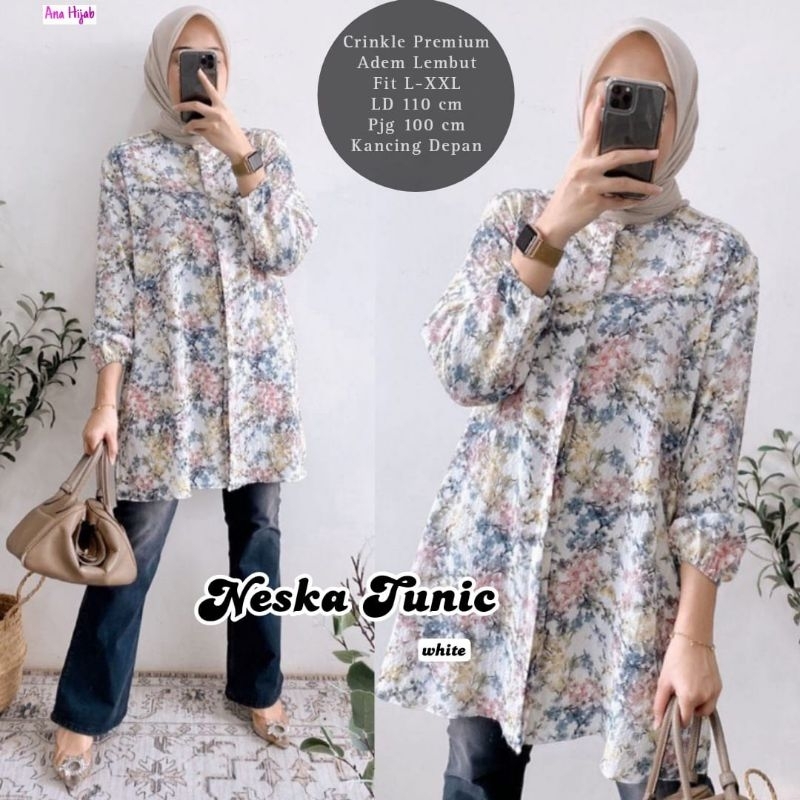 NESKA TUNIC BLOUSE MIDI TUNIK WANITA CASUAL MOTIF BUNGA CRINKLE IMPORT LD 110 CM FIT XXL