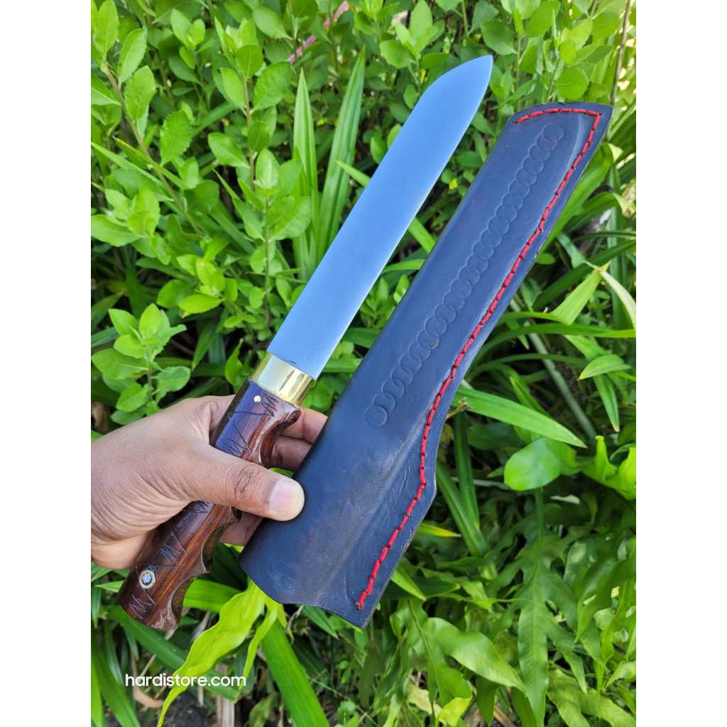 ID PISAU SEMBELIH KAMBING DAN UNGGAS 20 CM BAJA L6 HANDLE KAYU SONOKELING, SARUNG KALB HITAM