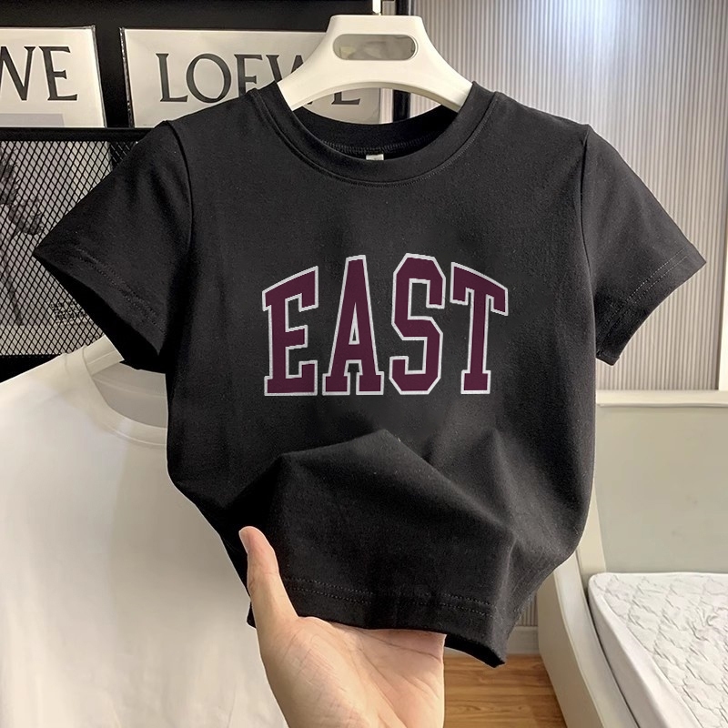 XiaoZhaiNv Baju Ketat Wanita Baju Kaos Crop Top Wanita Korea Lengan Pendek Kaos Wanita EAST Print Wa