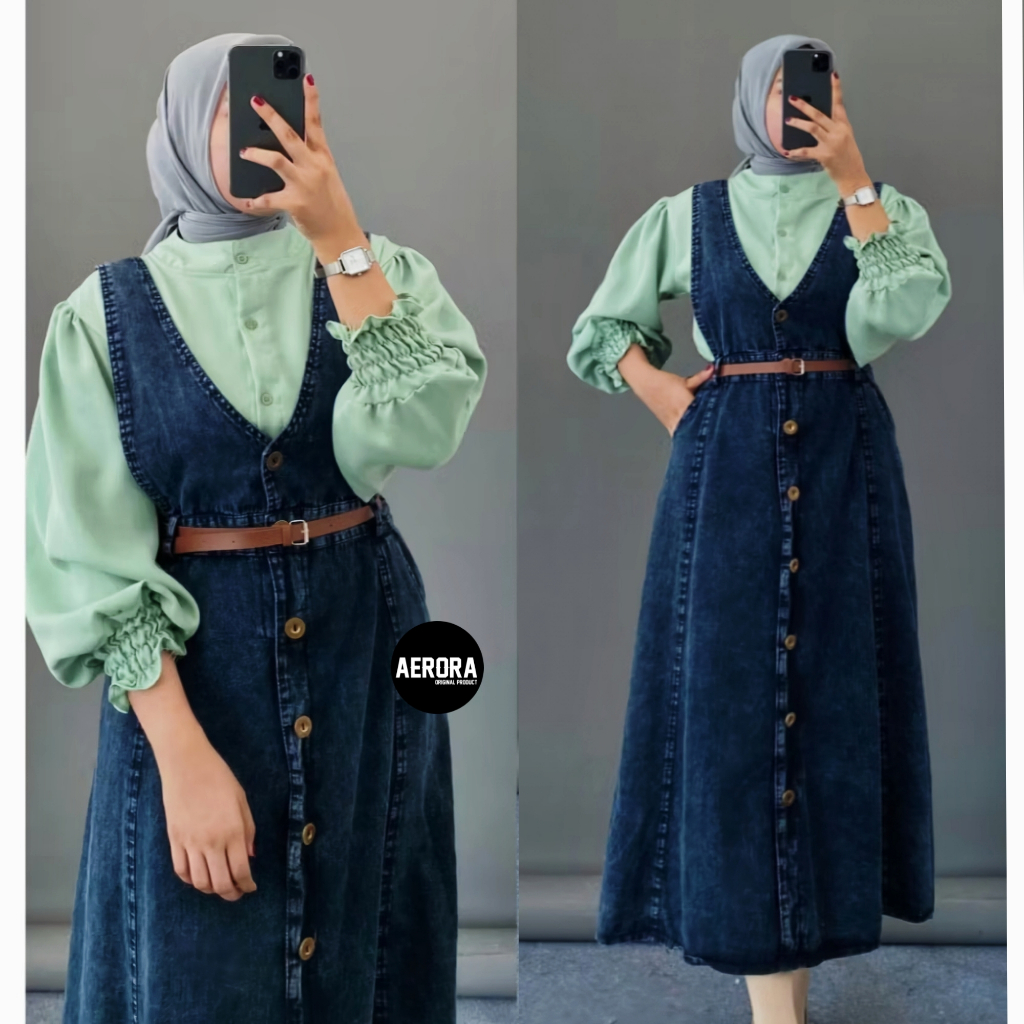 Aerora Baju Kodok Jessie Overall Rok Overal Dress V Neck Jeans Snow Wanita Dewasa 2025 Korean Style