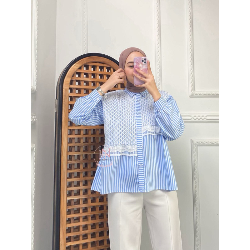 Monita Kemaja Katun Salur Mix Broklat Atasan Kemeja Stripe Premium
