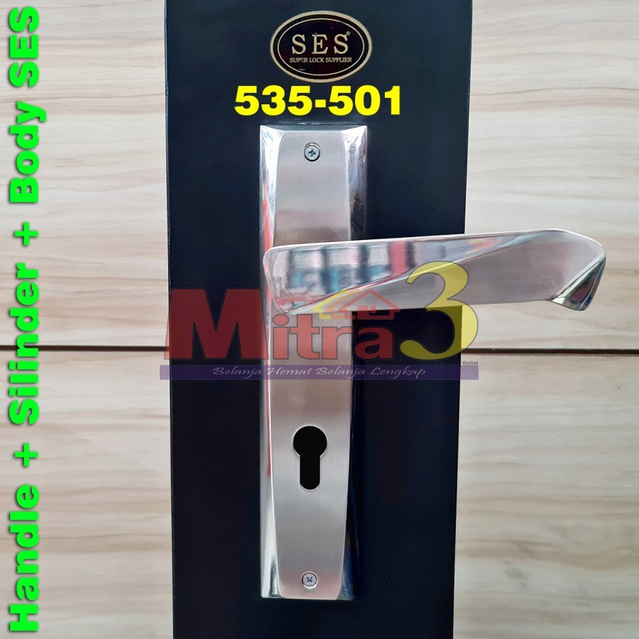 Kunci Pintu SES Lengkap Handle 535-501 + Body Kunci 40mm Satin SUS 304