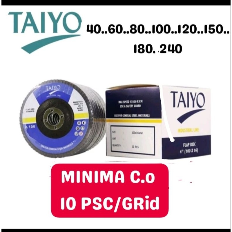 Amplas flap disk Taiyo Size 4" NO 40 60 80 100 120 150 180 240 | AMPLAS GRIT GRID | AMPLAS FLAP DISC
