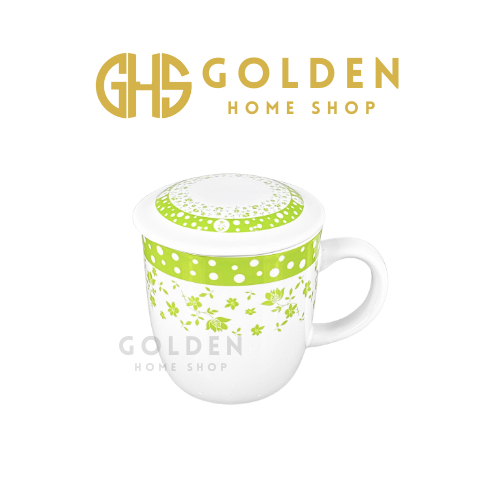 GHS - Mug Polkadot 370 ML Cangkir Jadul Dengan Tutup Kopi Merah Hijau Ungu Gelas Keramik