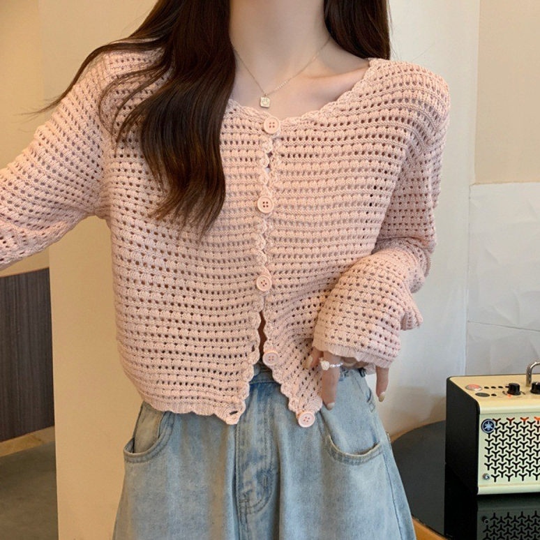 ABESTONE Sweater Hollow Lucu Ala Korea Untuk Pakaian Luar Pakaian Wanita Kasual Sweter Manis