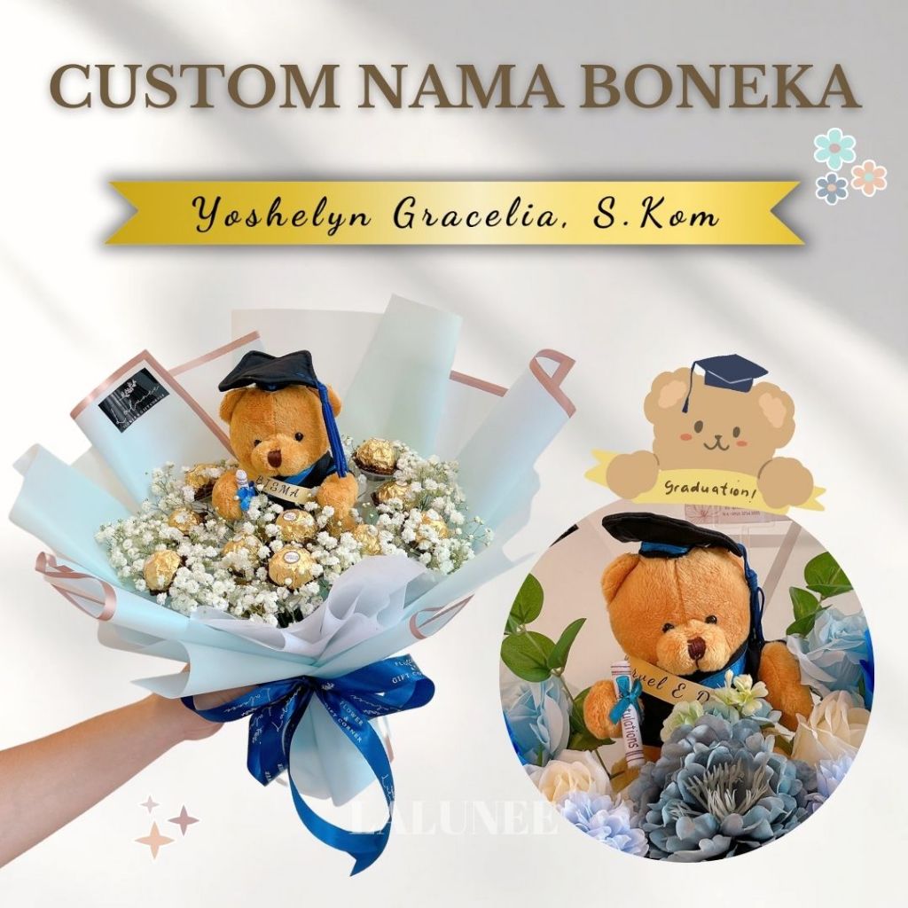 CUSTOM NAMA SELEMPANG BONEKA WISUDA UNTUK BUKET BUNGA
