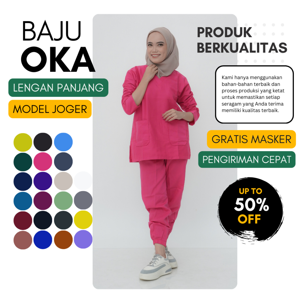 Baju Oka Lengan Panjang Joger Seragam Jaga Ok Scrub Medis Perawat Dokter Bidan Size Jumbo XXL-5XL