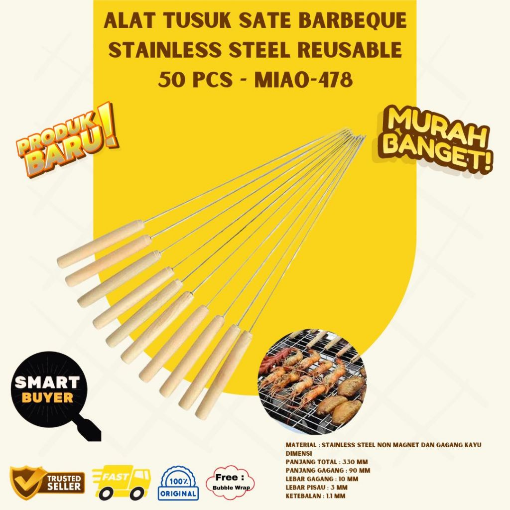 Tusuk Sate BBQ Reusable 33cm Gagang Stainless Steel Wood Isi 50pcs
