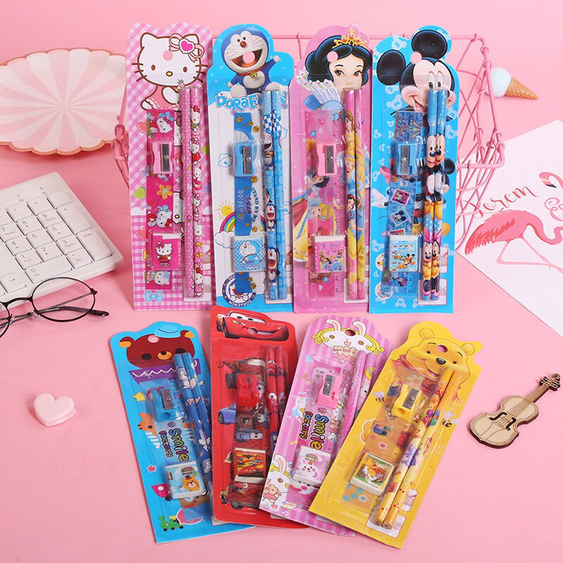 

Stationery Set 5 in 1 Alat Tulis Anak Sekolah Penghapus penggaris Pensil Serutan Karakter Lucu